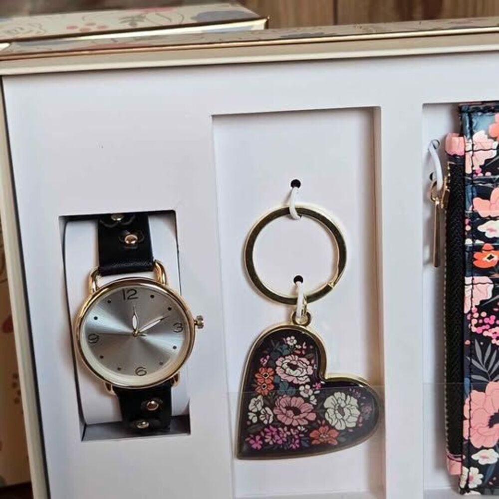 Ladies Floral Watch Keychain & Card Wallet Gift Set Black Pink Flowers
